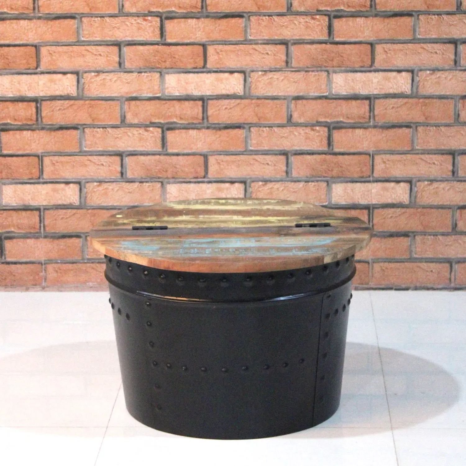 Iron Round Coffee Table with Wooden Top & Storage Black - popular handicrafts